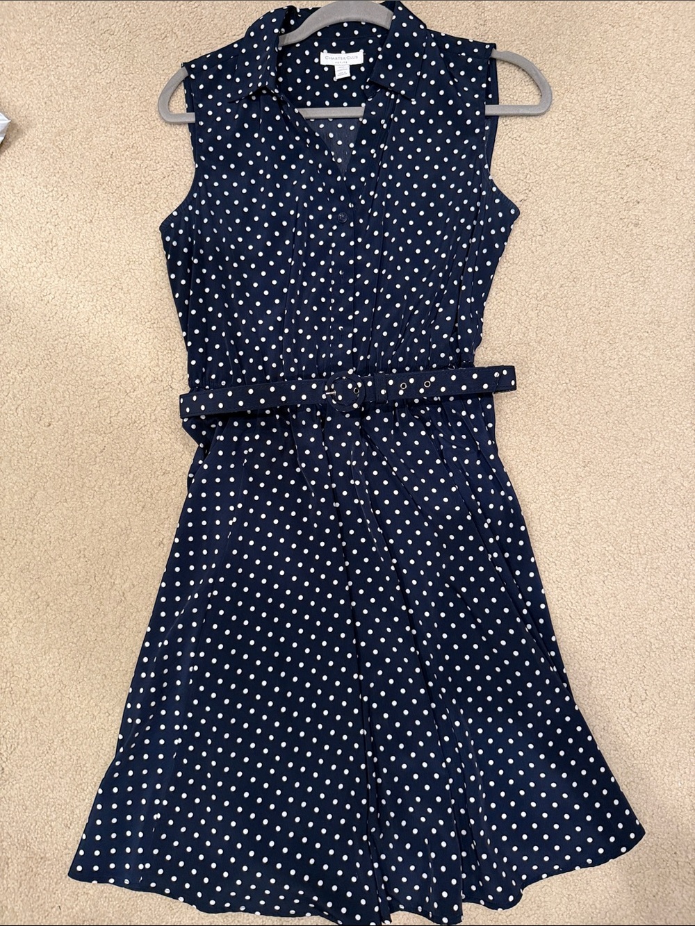 Charter club Sleeveless Navy Polka Dot Belted Shirtdress 10P